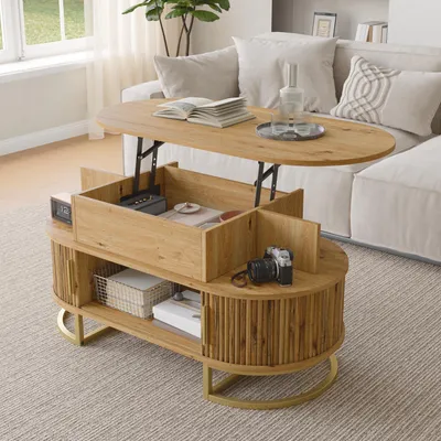 Produktbild von Merax höhenverstellbare Couchtisch mit Schiebetüren, oval Sofatisch mit Hydraulik-Hubplatte, Wohnzimmertisch mit Stauraum, Beistelltisch MDF, Natur