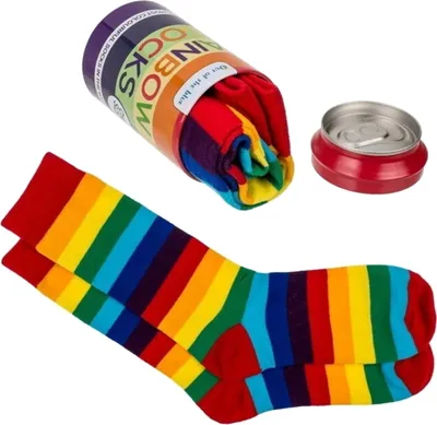 Produktbild von Regenbogen Socken im Paar in schöner Metalldose