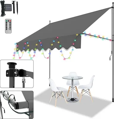 Produktbild von Faziango Klemmmarkise mit LED 250x120cm Balkonmarkise, UV-beständig 50+ höhenverstellbar Sonnenschutz ohne Bohren für Terrasse und Balkon Grau