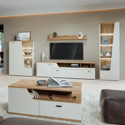 Produktbild von Wohnzimmer-Set in Kaschmir & Eiche mit Couchtisch, 5-teilig - CARMONA-129