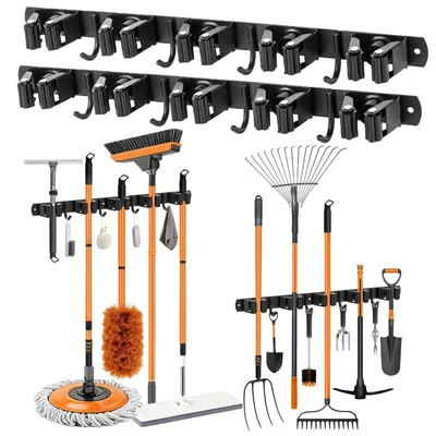 Imagen del producto de Soporte para escobas, juego de 2 unidades, con 10 compartimentos, 8 ganchos, acero inoxidable, autoadhesivo, ideal para la cocina