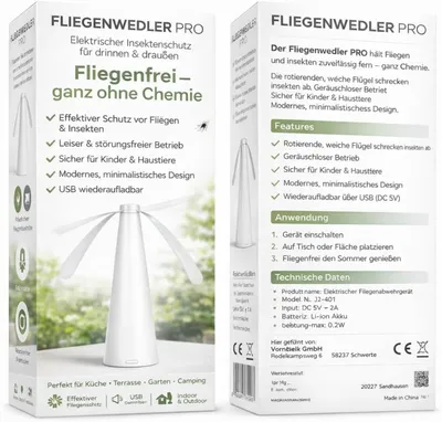 Immagine prodotto di Ventilatore anti-mosche – Dispositivo per allontanare mosche e vespe, con frusta per catturare le mosche, ideale per tavoli e terrazze – Repellente per mosche e ventilatore anti-vespe (bianco)