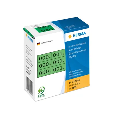 Produktbild von HERMA Nummern Etiketten 0-999 10 x 22 mm schwarz / grün dreifach 1.000 Etiketten