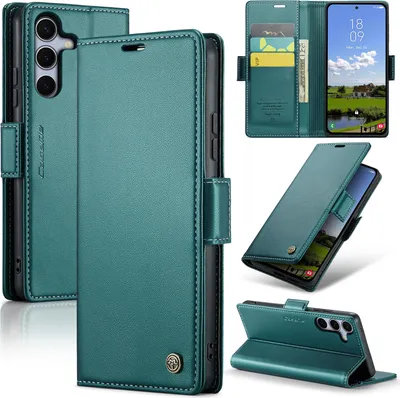 Obrázek produktu pro Pouzdro pro Samsung Galaxy S25, RFID Blokování Karet, Pokročilé Flip Kožené Pouzdro s Funkcí Stojánku zelené