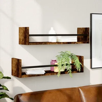 Obrázek produktu pro Maison Exclusive – nástěnné police s tyčemi, 2 ks, kouřové dubové dřevo, 60 x 16 x 14 cm