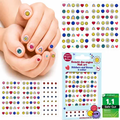 Produktbild von Smiley Nagelsticker Set – 72 Sticker + 24 Steinchen – Offiziell Lizenziert