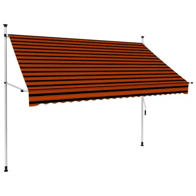 A retractable awning with orange and brown stripes, supported by metal poles.