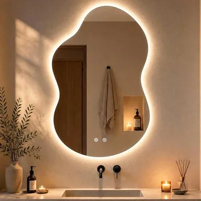 Immagine prodotto di Specchio da bagno illuminato, asimmetrico, 90x60 cm, specchio LED con 3 tonalità di luce regolabili, vetro temperato, interruttore touch, funzione di memoria, antiappannamento, specchio moderno per il bagno con illuminazione