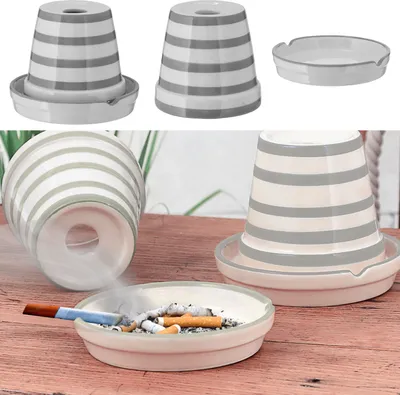 Produktbild von Sturmaschenbecher grau weiß gestreift Ø12cm Dolomit Aschenbecher Windaschenbecher Topf