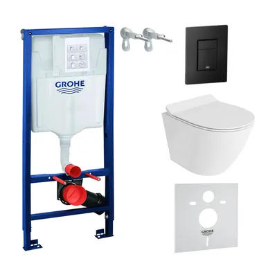Produktbild von GROHE Vorwandelement Solido + Wand Hänge WC Sogo Slim Weiß Spülrandlos + WC-Sitz SoftClose | Schwarzer Knopf | Komplettset | Unterputz Spülkasten | Toilette Komplett Sett
