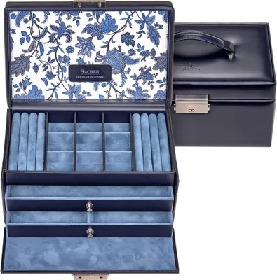 Produktbild von Sacher Schmuckkoffer Schmuckkasten FLORAGE Leder blau Schloss Schubladen