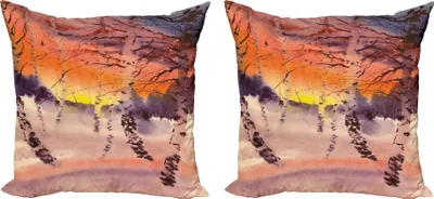 Immagine prodotto di ABAKUHAUS Set copricuscino Foresta (2 pezzi), scena del tramonto nella giungla di betulle, illustrazione colorata e astratta della natura rustica, 40 x 40 cm, multicolore