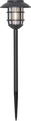 A single pathway light with a stake for ground insertion.