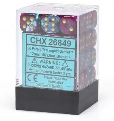 Obrázek produktu pro Chessex Gemini 12mm d6 Kostky s tečkami (36 kostek) - Fialová-Tyrkysová se zlatým