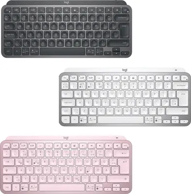 Three Logitech keyboards in different colors are displayed against a white background.