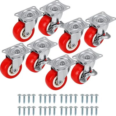 Produktbild von Kurtzy 8er Pack Roter Rollen Schwerlast Rollen für Möbel - Lenkrollen 50mm mit Gummirädern, Schrauben, Feststellbremsen & Metallplatten - Für