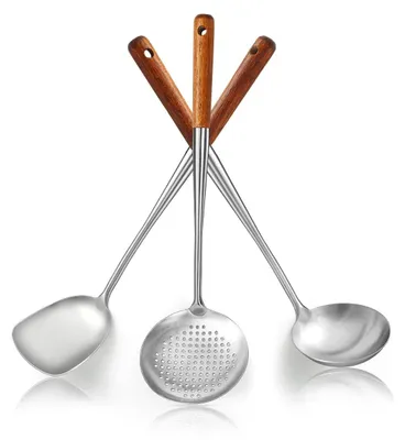 Produktbild von Omgoods – Wok-Pfannenwender-Set mit Holzgriffen und Edelstahl-Werkzeug