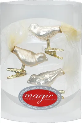 Produktbild von Weihnachtsschmuck Vogel mit Federn auf Clip 4.5cm, 3 Stück, Farbe:perle - champagner opal / matt