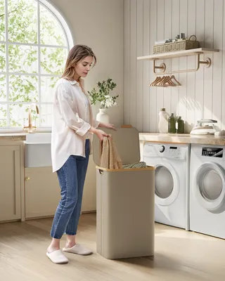 Produktbild von SONGMICS Wäschekorb mit Deckel, 90 L, herausnehmbarer Wäschesack, Griffe aus Bambus