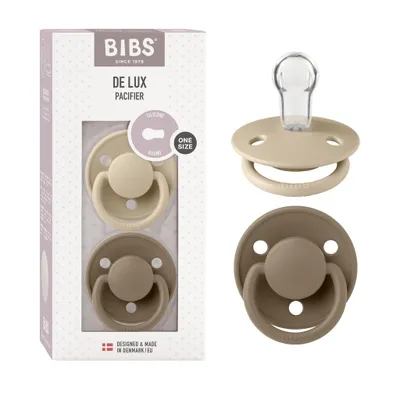 Imagen del producto de BIBS De Lux, set de 2 chupetes, sin BPA, tetina con forma de cereza. Fabricado en silicona, hecho en Dinamarca. Talla única (0-36 meses), color vainilla / roble oscuro