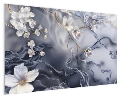 Produktbild von Magnettafel Glas 90 x 60 cm „Weiße Blüten auf Seide“ – Glasboard beschreibbar & magnetisch, inkl. 4 Neodym-Magnete, 2 Stifte & Tuch – Glas-Whiteboard Memoboard für Küche & Büro