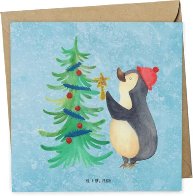 Produktbild von Mr. & Mrs. Panda Grußkarte Pinguin Weihnachtsbaum - Eisblau - Geschenk, faltkarte, Winter, anlasskarte, Klappkarte, Weihnachten, Glückwunschkarte, doppelkarte