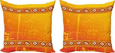Produktbild von ABAKUHAUS afrikanisch Kissenbezug Set (2Stück), Tribal Thema ethnischen afrikanischen Grunge Ornamente mit geometrischem Muster drucken, 40 x 40 cm, Orange und Marigold