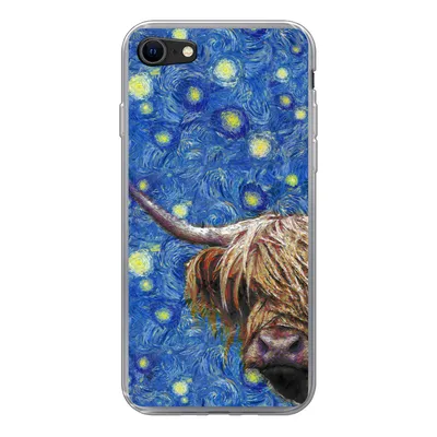 Produktbild von MuchoWow® Handyhülle Schutzhülle Hülle für iPhone SE 2020 Sternennacht - Van Gogh - Schottischer Highlander Silikon Softcase Handy Hülle - Kartenbesitzer
