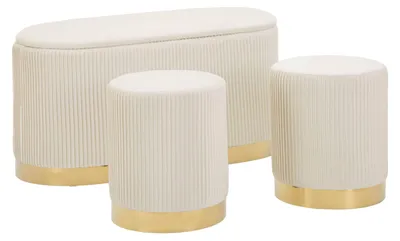 Image de Banc avec rangement et poufs en velours crème et en métal doré