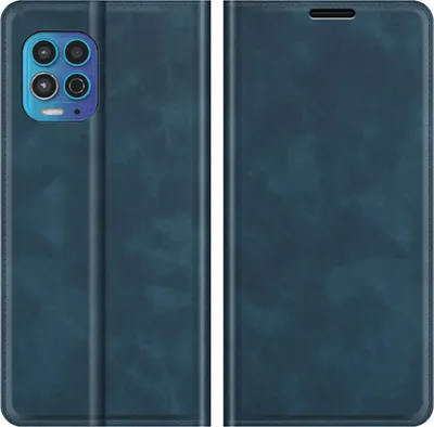 A blue flip case for a smartphone, shown open and closed.