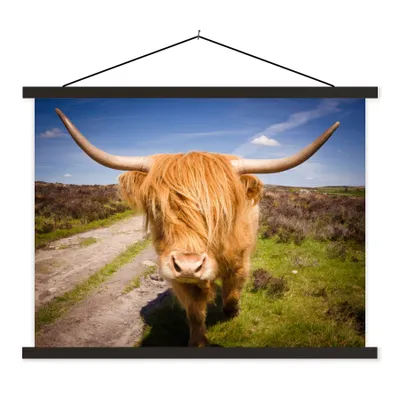 Produktbild von MuchoWow® Textilposter Schottischer Highlander - Licht - Wiese 150x113 cm mit holzfarbenen Rahmen - Poster