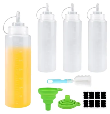 4er-Set Knijpflaschen 360 ml mit Deckeln & Trichter