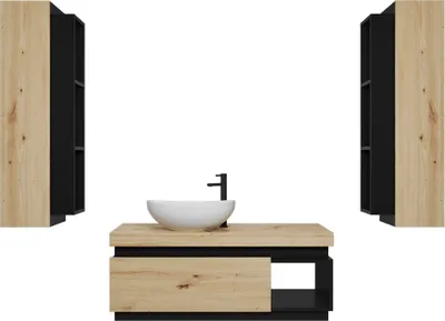 Produktbild von Easy4You Matt Schwarz/Eiche Unterschrank Kaya 100 cm mit Schublade und Ablage + 2 Hängeschranke 30x100 cm Badschrank Badezimmerschrank Seitenschrank