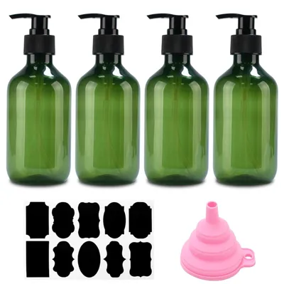 Image de Lot de 4 distributeurs de savon, flacons de shampoing rechargeables de 300 ml, distributeur de gel douche, distributeur à pompe, flacons à pompe rechargeables, flacons de shampoing vides pour la douche, lotions, shampoings + entonnoir et étiquette (vert)