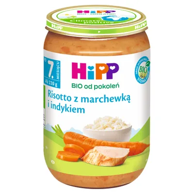 Zdjęcie produktu dla Hipp Organic Risotto z marchewką i indykiem po 7 miesiącu 220 G