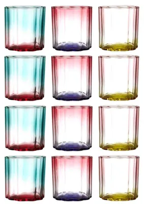 Image de Lot de 12 Verres à Jus Colorés Dégradés 20cL - Couleurs Estivales Bleu Turquoise, Jaune, Violet, Rouge