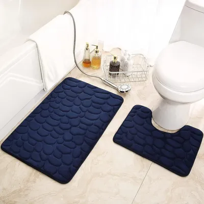 Produktbild von Badematten-Set, 2-teilig, Badezimmermatte und U-förmiger Kontur-Toilettenvorleger-Set, Memory-Schaum, rutschfest, saugfähig, maschinenwaschbar, schnell trocknend, Duschboden-Badematte, Dunkelblau