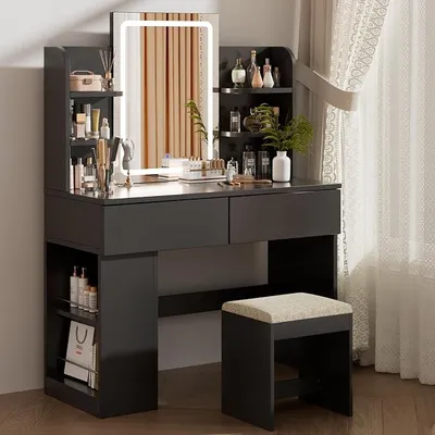 Produktbild von Schminktisch mit LED Beleuchtung, Frisiertisch mit Hocker und Spiegel, 2 Schubladen, Farbtemperaturen und Helligkeit Einstellbar (Schwarz Schminktisch+Hocker)