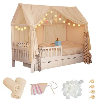 Produktbild von HOME DELUXE - Kinderbett Deko Set VELINDO - Farbe: Creme, inkl. Wimpelkette, Vorhang und LED Lichterkette I Kinderbett Deko, Kinderzimmer Dekoration