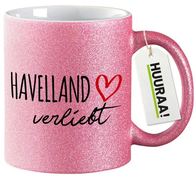 Produktbild von Huuraa Glitzertasse Havelland verliebt 330ml Pink Keramik Kaffeebecher Geschenkidee