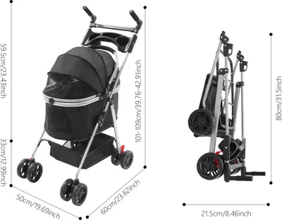 Immagine prodotto di Passeggino pieghevole per animali domestici - Carrello per cani e gatti di piccola taglia - Portata 12 kg - Quattro ruote (2 ruote girevoli + 2 ruote direzionali con freno) - Maniglia regolabile a 180° - Nero