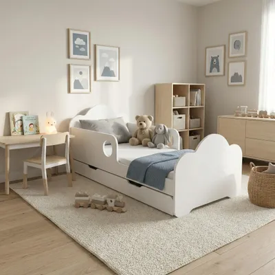 Image de Lit d'enfant Happy Babies avec barrière de sécurité pour garçon, 160 x 80 cm, pour chambre d'enfant, avec tiroir, matelas, lit simple pour enfant, blanc