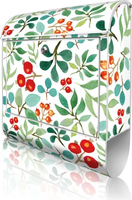 Produktbild von banjado Design Briefkasten Stahl weiß mit Zeitungsfach pulverbeschichtet "Beeren und Blätter" 38x46x12,5cm & 2 Schlüssel - Postkasten A4 Einwurf inkl. Montagematerial [BKW 12605]