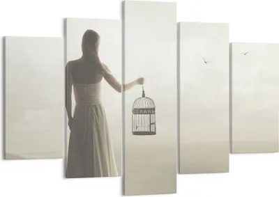 Produktbild von Bild auf Leinwand - Leinwandbild - 5 Teile - Frau Käfig Vogel - 150x100cm - Wand Bild - Wanddeko - Wandbilder - Leinwanddruck - Bilder - Wanddekoration - Leinwand bilder - Wandbild - EA150x100-4787