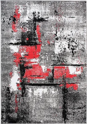 An abstract, textured rug with bold splashes of red and black against a gray and white background.