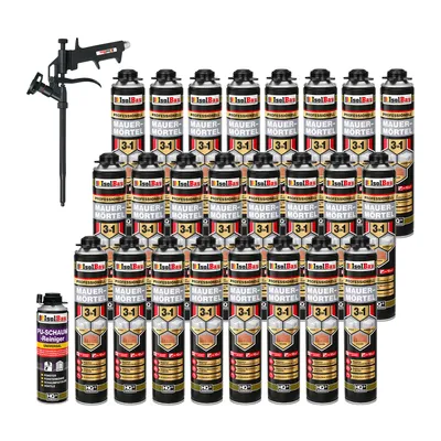 Produktbild von Isolbau Mauermörtel Pistolenschaum SET - Teflon Schaumpistole, PolyurethanReiniger Montageschaum Klebeschaum PolyurethanMörtel 24 x 750ml