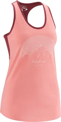 Rosa Tanktop "Onsight Tank" von Edelrid mit Bergmotiv und Rundhalsausschnitt.