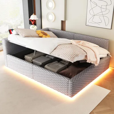 Productafbeelding van Boxspringbed 140 x 200 cm met LED-verlichting, 2 USB-poorten en een USB-C-poort, een L-vormig hoofdeinde, hydraulische opbergruimte, fluwele bekleding, lattenbodem, grijs