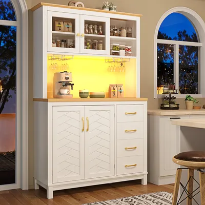 Image de Armoire de cuisine Flieks avec bande lumineuse LED et porte-boissons, buffet à 4 portes, meuble de rangement 105,5 x 40 x 180 cm, blanc