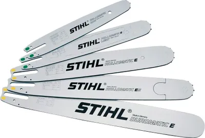A collection of STIHL chainsaw guide bars arranged diagonally against a white background.
